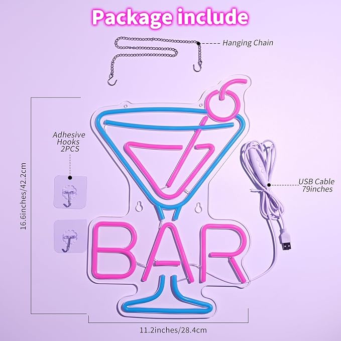 Cocktail Neon Sign - Martini Glass LED Bar Light, Retro Home Pub Wall Art, Dimmable Bar Decor, Gifts for Bartenders & Cocktail Lovers