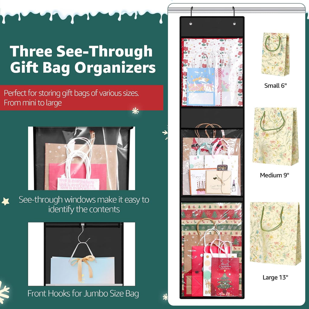 Woodoulogy Wrapping Paper Organizer Storage, Double-Sided Hanging Gift Wrap Roll Holder for Christmas, 63"x13" Over Door Present Bag Container for Room Closet, Black Wrapper Station for Birthday