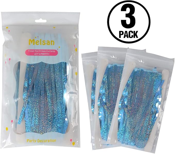 Foil Fringe Curtains Party Decorations - Melsan 3 Pack 3.2 x 8.2 ft Tinsel Curtain Party Photo Backdrop for Birthday Party Baby Shower or Graduation Decorations Light Blue