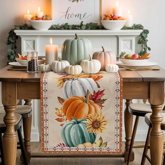Fall Thanksgiving Southwest Cotton Linen Table Runner for Dining Kitchen, Orange Pumpkins Wedding Outdoor Party Rustic Tablerunners Decoration, Sunflower Dresser Scarf Tablecloth Runners 13x48 Inches