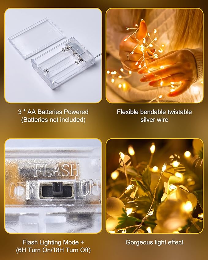 2 Pack Fairy Lights Battery Operated, Twinkle String Lights Waterproof Silver Wire 5 Feet 60 Led Firecracker Starry Lights for DIY Wreath Wedding Party Bedroom Mason Jar Holiday Christmas, Warm White