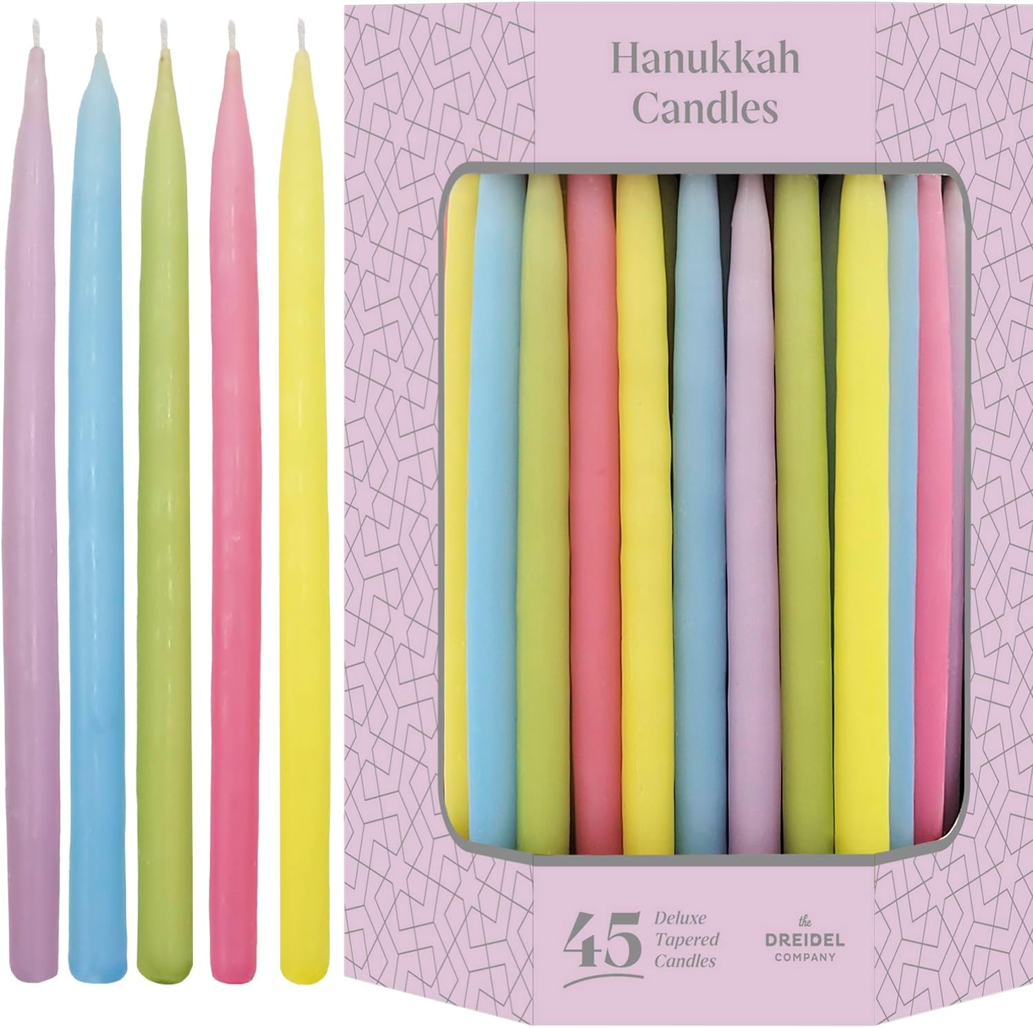 The Dreidel Company Multicolor Pastel Hanukkah Candles Deluxe Tapered Hanukkah Menorah, 1-Hour Burn Time, 45 Candles for All 8 Nights of Chanukah