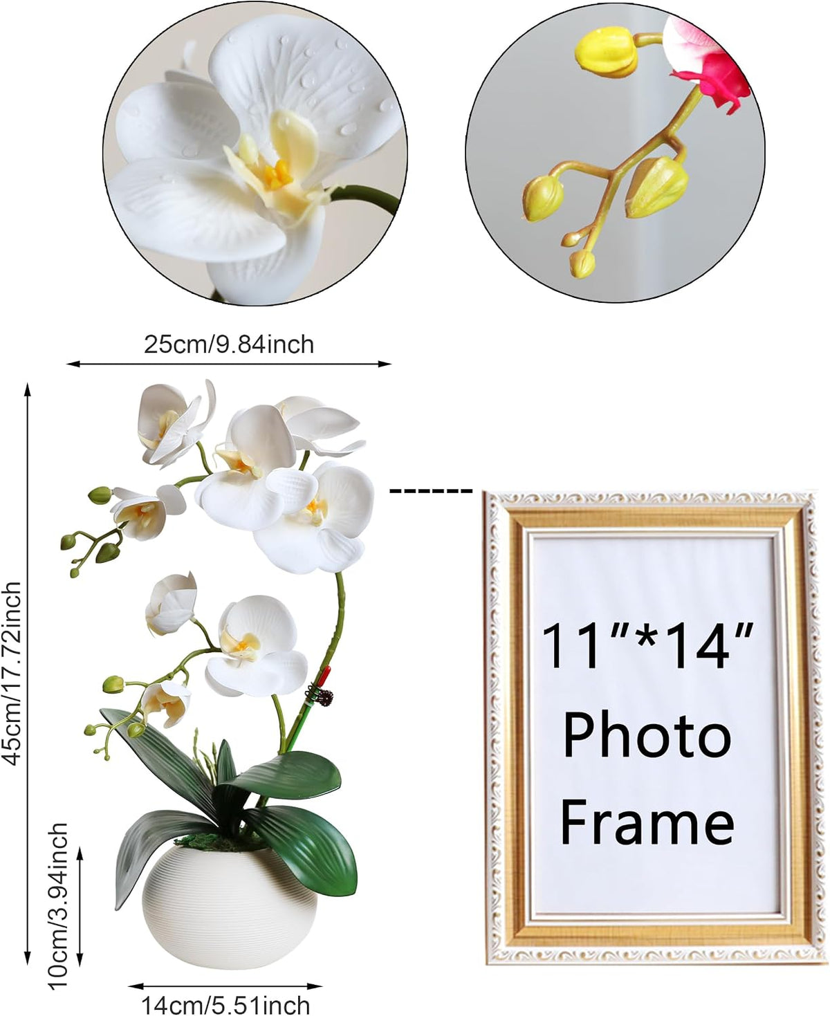 forlaoers tall 17" white real touch orchid artificial, close-up detail