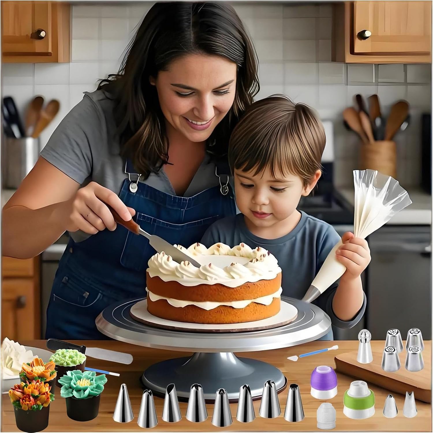 Cake Decorating Kit, 357 Pcs Baking Supplies | Aluminium Cake Turntable, Leveler, 50 Icing Tips, 8 Russian+Ball Tips, 2 Spatulas, 102 Pastry Bags, 109 Cupcake Liners & More