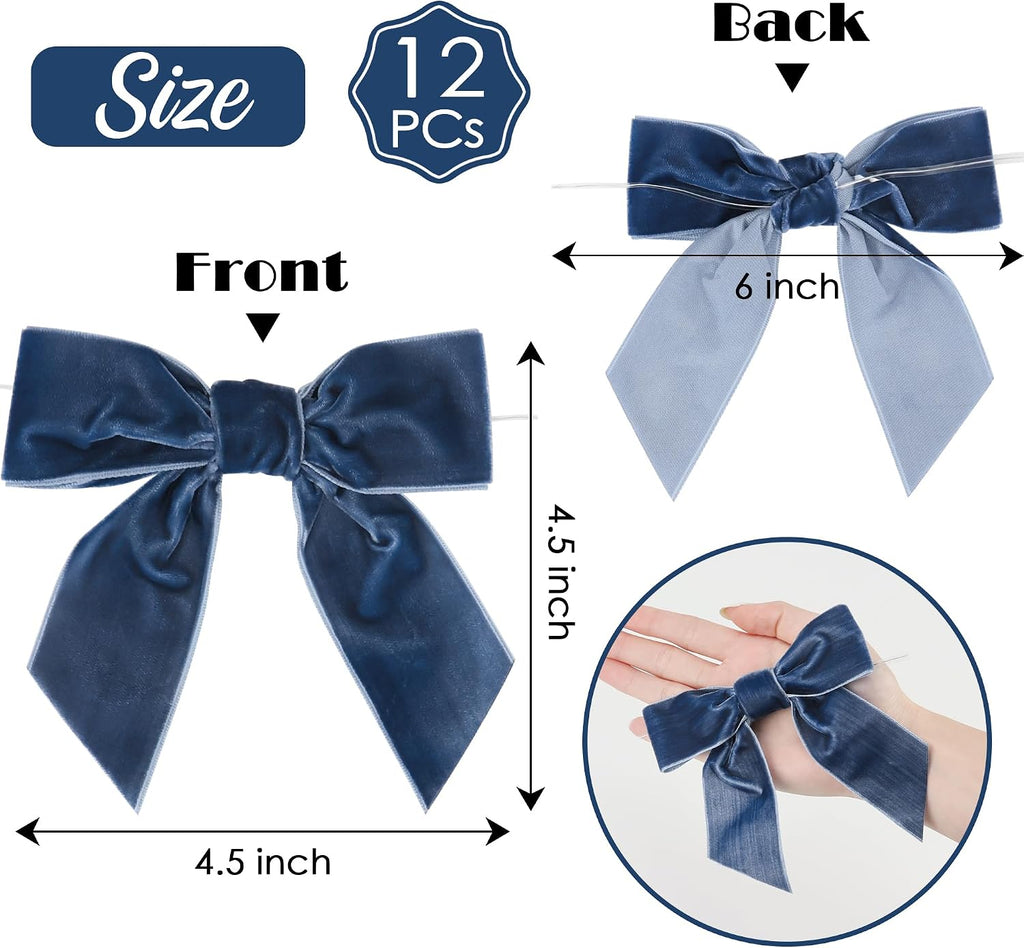 AIMUDI Dusty Blue Velvet Bows - 4.5" Blue Christmas Bows for Tree, Wreaths, Gift Wrapping & Wedding Decor - 12 PCs