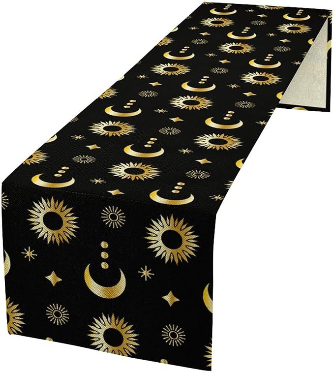 Magic Gold Sun Moon Stars Table Runner Mystical Farmhouse Rustic TableRunner for Party Holiday Dining Room Kitchen 13x90 Inch