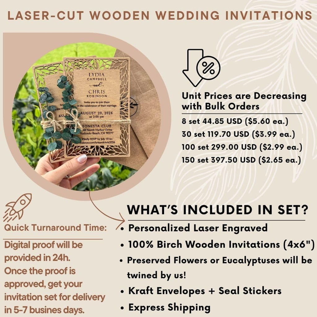Pack of Floral Personalized Wedding Invitations - Laser Cut Wedding Invitation - Flower Twined Wooden Invitations with Envelopes & Stickers