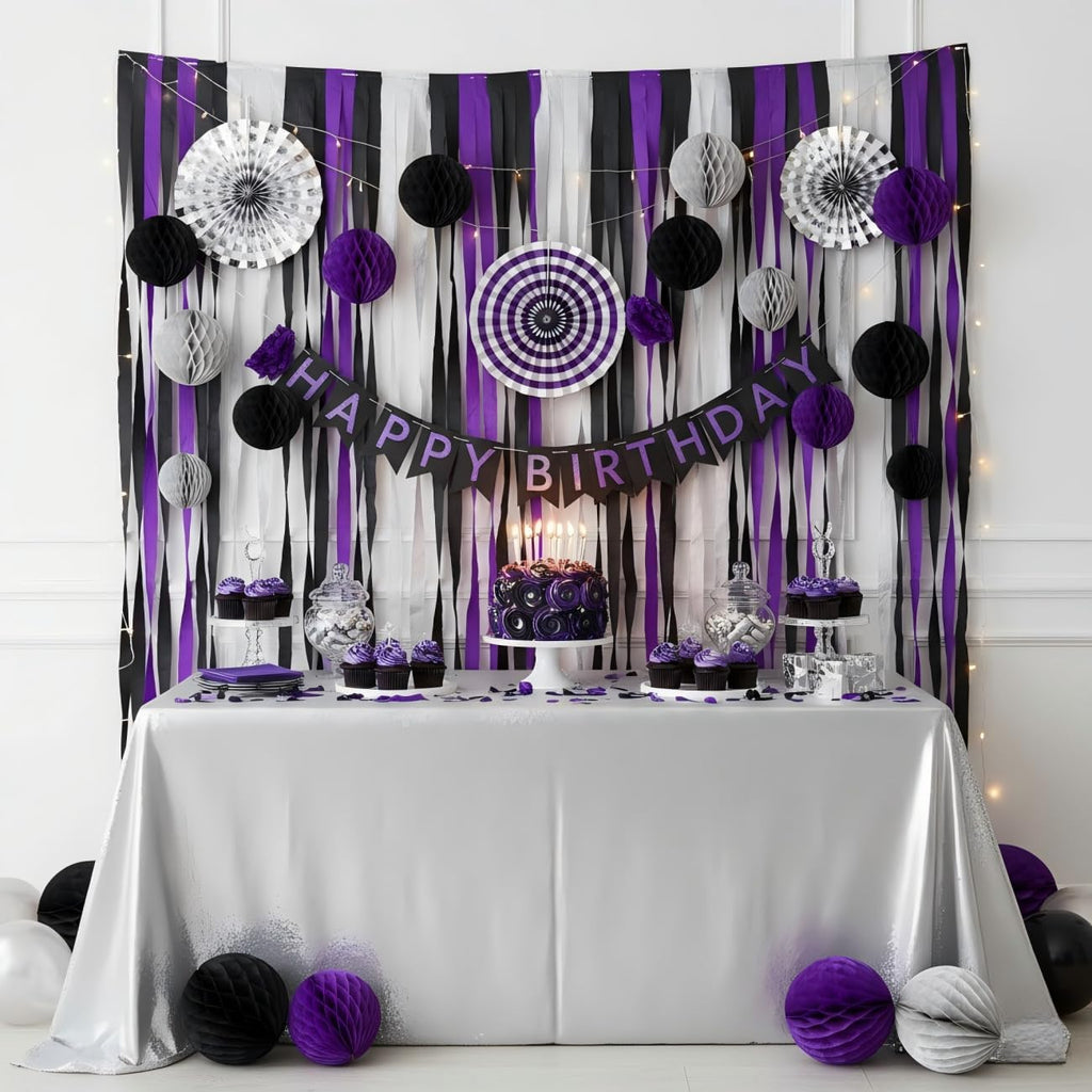 CC wonderland zone 6 Rolls Black Silver and Purple Crepe Paper Streamers for Wednesday Birthday Party Decorations