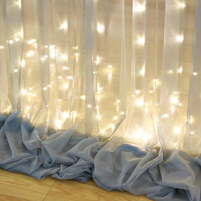Silver Grey Tulle Backdrop Curtain with Lights String for Parites 10x8ft Sheer Backdrop Curtains for Birthday Party Bridal Shower Baby Shower Wedding Ceremony Prom Photo Booth Background Decorations
