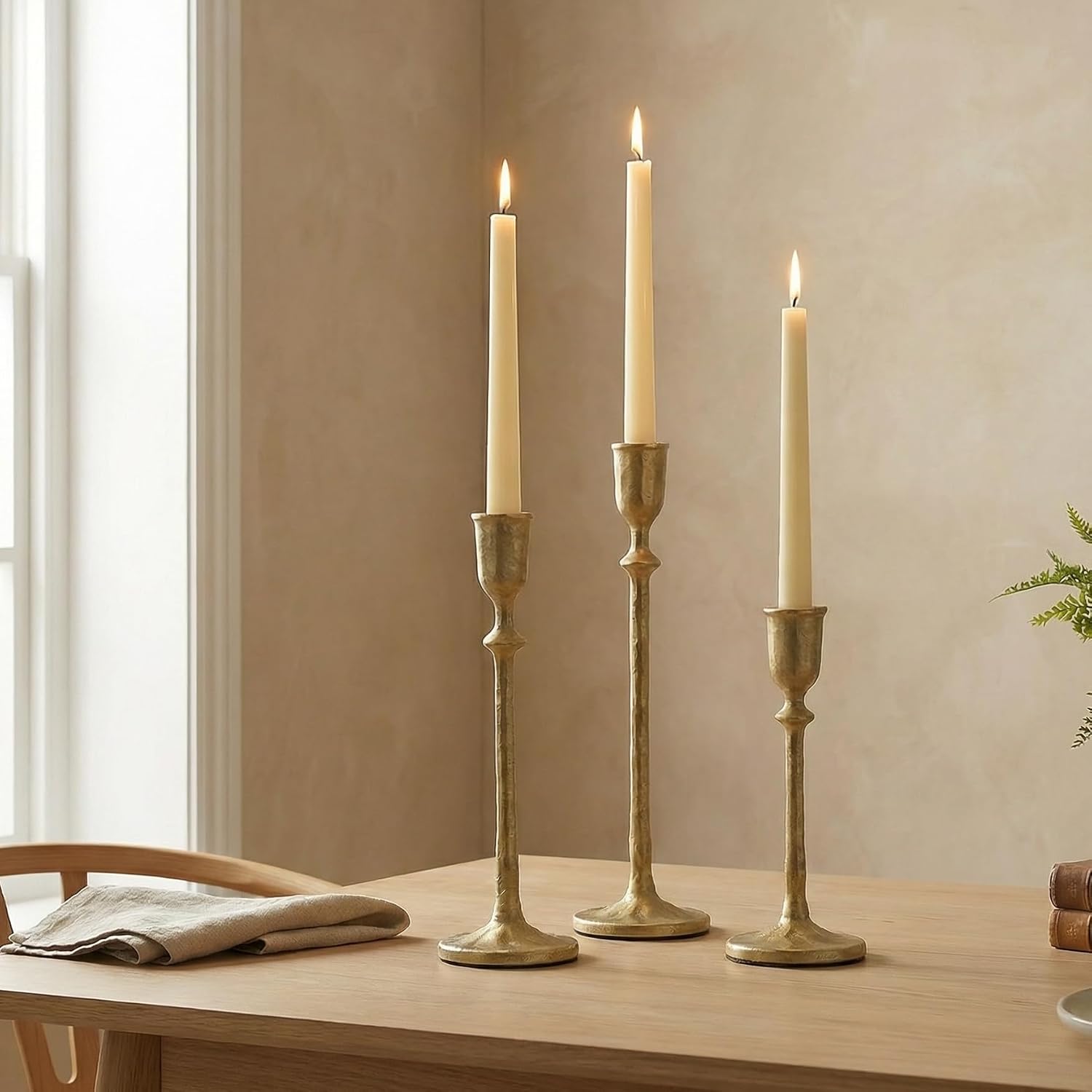 BANOMII Antique Brass Candlestick Holders Set of 3, Cast Iron Taper Candle Holder for Dining Table Centerpiece, Wedding, Fireplace Mantel Decor, Vintage Tall Candle Stands, Christmas Decorations