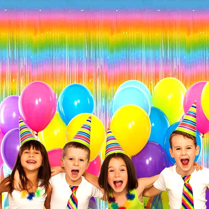 4 Pack Macaron Rainbow Foil Fringe Curtain Backdrop, 3.28Ft x 8.2Ft Metallic Tinsel Foil Fringe Streamer Curtains for Photo Booth, Birthday, Wedding, New Year’s, Easter Decorations Party Supplies
