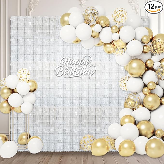 12PCS White Shimmer Wall Backdrop, Square Sequin Photo Backdrops Panel, Glitter Wall Background for Birthdays, Weddings, Graduation, Engagements, Disco Bachelorette Party Decoration (3FTx4FT)
