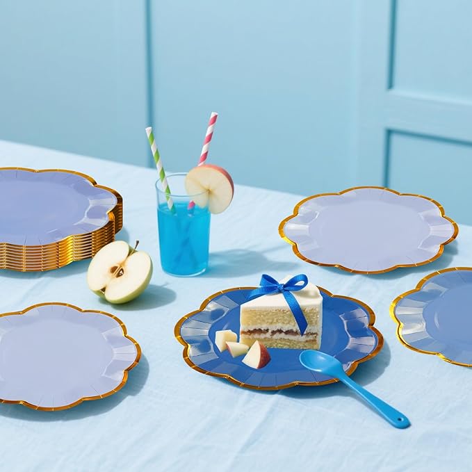 48Pcs Light Blue Scalloped Party Plates - 7inch Gold Foil Gradient Blue Dessert Paper Plate Disposable Cake Plates for Birthday Bridal Baby Shower Wedding Party Decorative Supplies