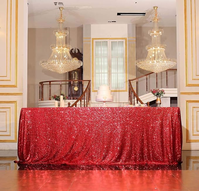SquarePie Sequin Tablecloth 90 x 132 Inch Red Sparkly Table Linen for Christmas Wedding Party