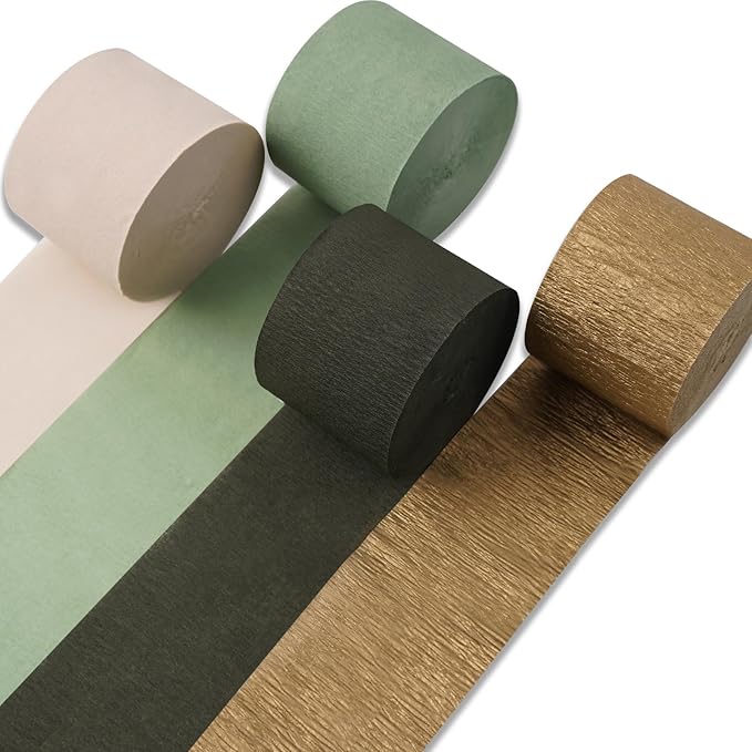 PartyWoo Sage Green Crepe Paper Streamers 4 Rolls 328 ft Pack of Hunter Sage Green Gold Sand White Crepe Paper for Jungle Safari Graduation Birthday Party Decorations (1.8 Inch x 82 Ft/Roll)