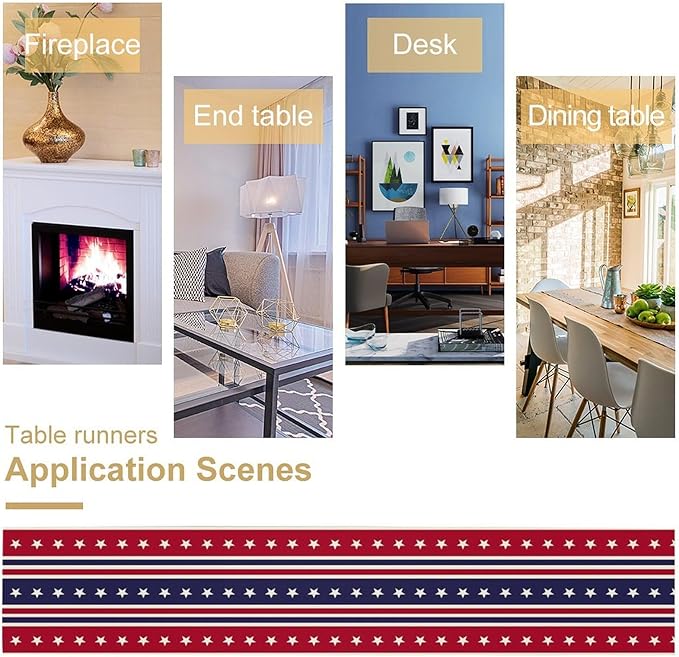4th of July Table Runner, USA Flag Stars Stripes American Independence Day Red Blue White Stars Lines Print Table Cover for Farmhouse Kitchen Indoor Outdoor Home Party, 13x60inch
