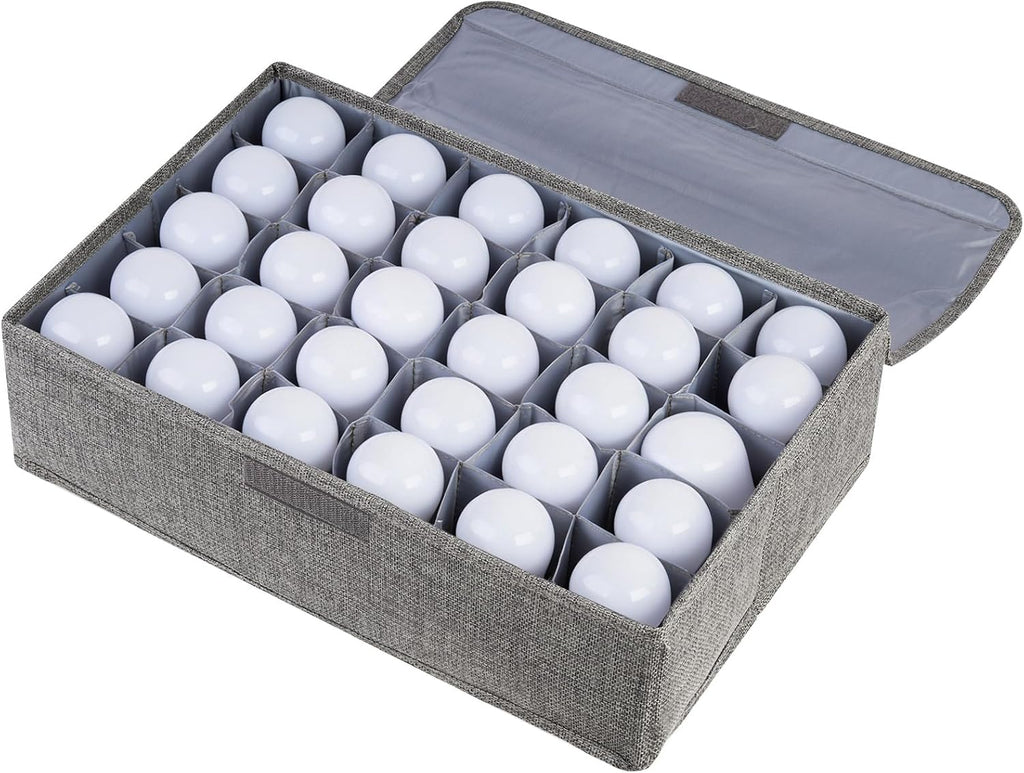 Light Bulb Organizer Storage Box, Ornament Storage with 30 Dividers Foldable Organizer with Lid Sturdy PP Board Fits Various Christmas Light Standard Bulbs Case Box Gray