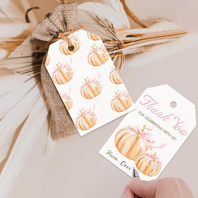 50pcs Little Pumpkin Thank You Tags, Pink Bow Fall Theme Favor Tags for Girl Coquette Baby Shower and Birthday Party Gift Wrapping Decoration (Pink Bow)