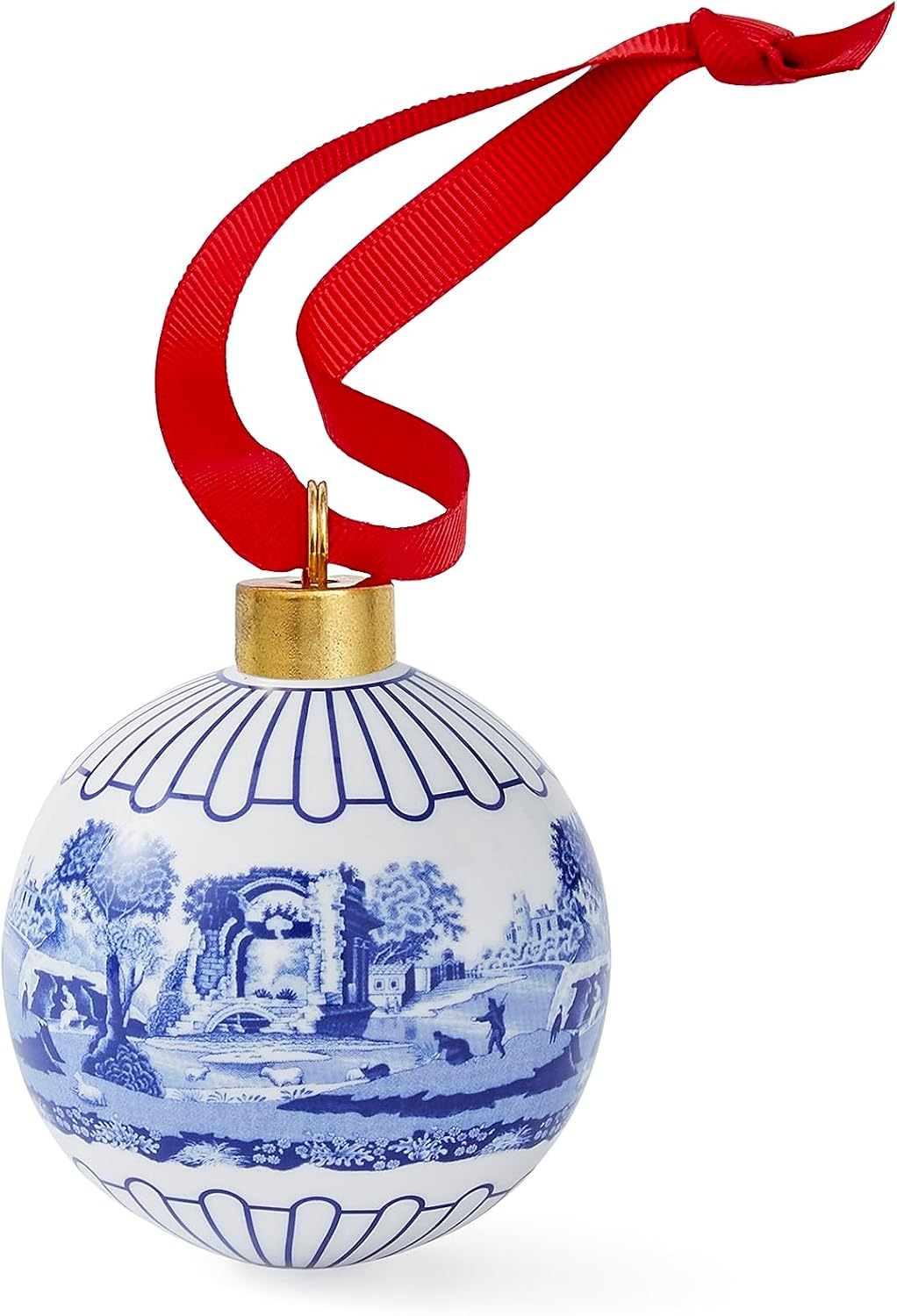 Spode Blue Italian Christmas Bauble - Full Scene Ornament with Classic Blue & White Porcelain Design, Collectible Holiday Decoration for Tree Display or Seasonal Décor - Giftworthy Keepsake