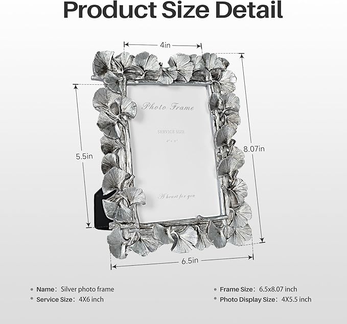 Cuspin 4x6 Silver Picture Frame, Vintage Silver Ornate Leaf Textured Hand-Crafted Resin with Glass Front Antique Photo Frame for Tabletop Display, Retro Design Home Decor
