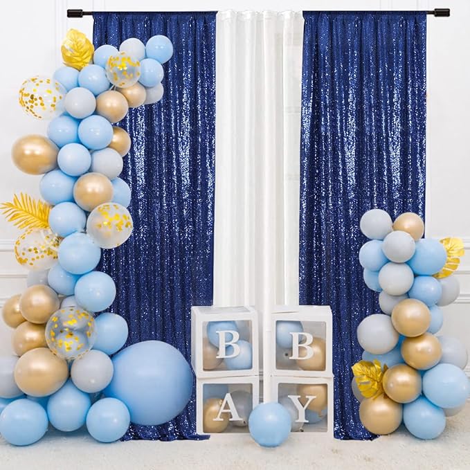 SquarePie Sequin Backdrop Non-Transparent Background Sparkly Curtain for Wedding Party 2FT x 8FT Navy Blue 2pcs