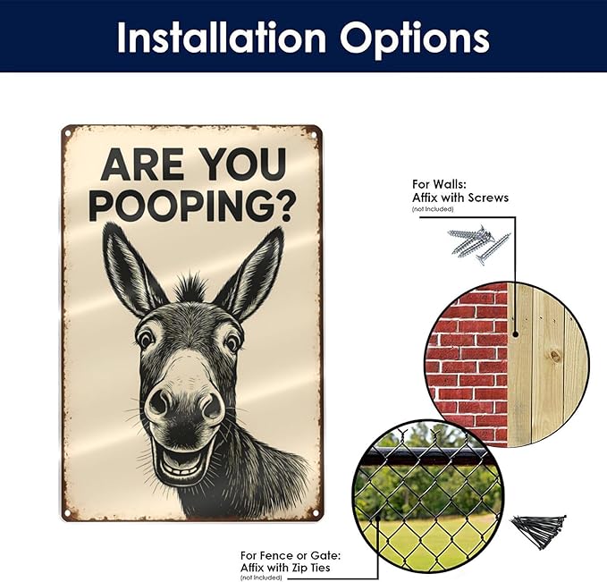 Funny Donkey Bathroom Sign - "Are You Pooping?" Rustic Metal Tin Sign for Toilet, Restroom, Farmhouse Humor Decor - 8"x12" Wall Art Gift