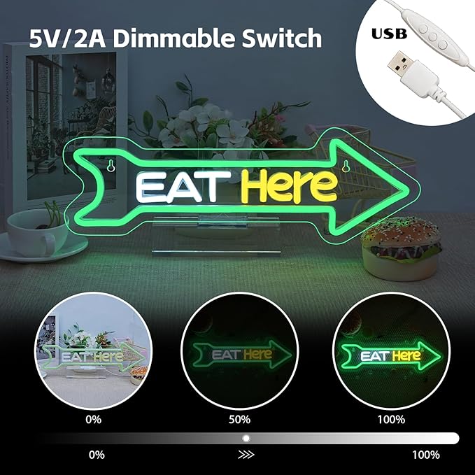 Looklight Eat Here Arrow Neon Sign Dimmale Neon Lights For Wall Decor Led Lights For Home Kitchen Restaurant Bar Party Decor USB Powered 16.6x5.5in