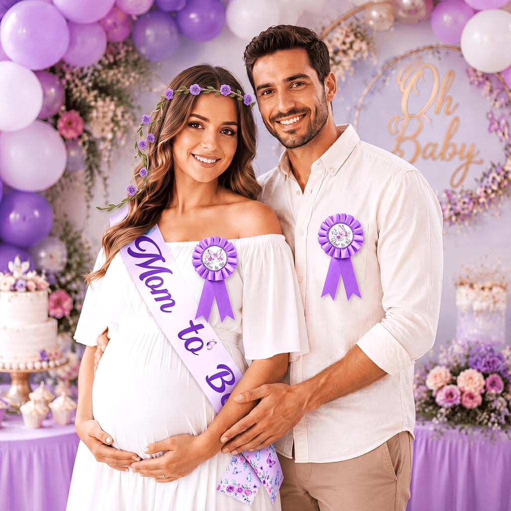 Chunful Butterfly Theme Mom to Be Sash Baby Shower Dad to Be Pin and Flower Crown Headband for Gender Reveals Party Baby Shower Party Favors for Girls Pregnancy Photo Props Gifts (Classic,Purple)