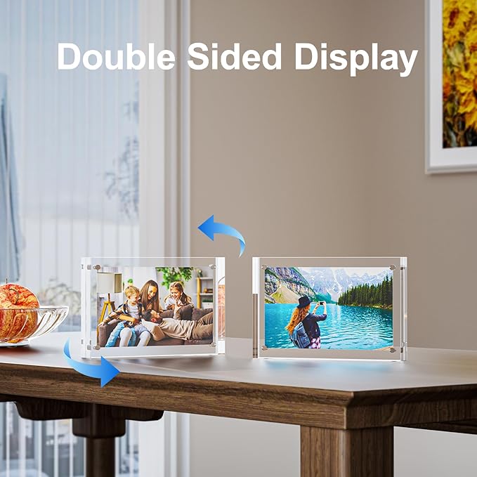3 Pack 4x4 Acrylic Picture Frames - 20% Thicker Double Sided Magnetic Frame with UV Protection - Freestanding Clear Frameless Display for Tabletops - Modern Photo Frame Set for Home & Office Decor