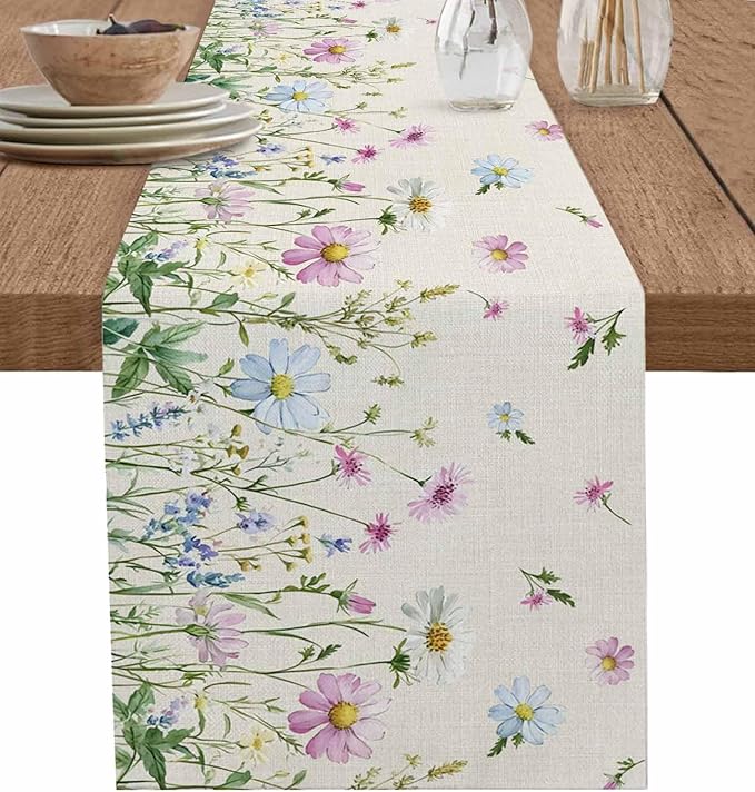 Vintage Wildflowers Cotton Linen Table Runner for Dining Kitchen, Wedding Outdoor Party Tablerunners Decoration, Farm Floral Pink Botanical Plants Dresser Scarf Coffee Tablecloth Runners 13x108 Inches