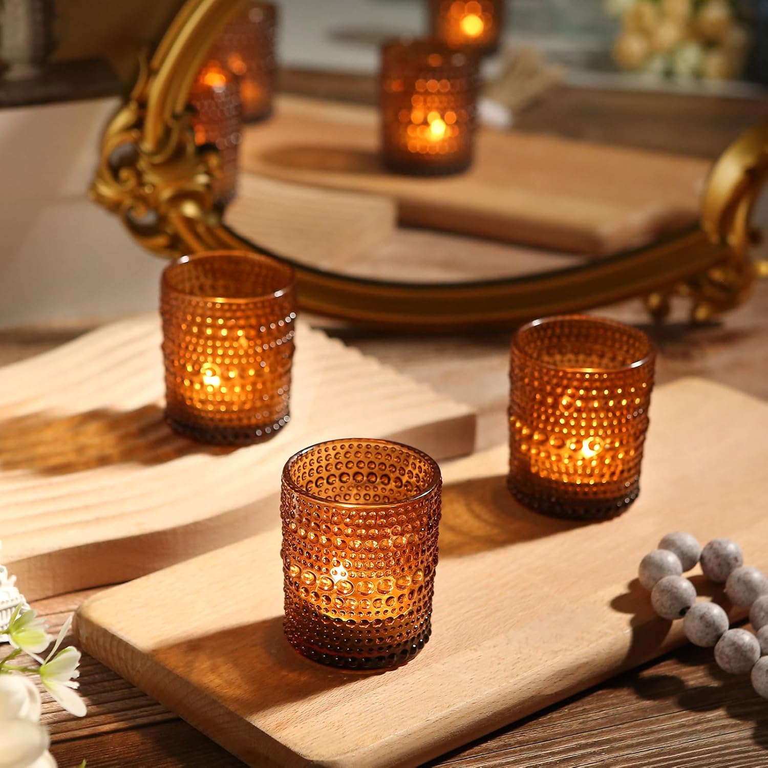 12Pcs Amber Votive Candle Holders 2x2.5in, Glass Tea Light Candle Holder for Wedding Table Decor & Christmas Thanksgiving