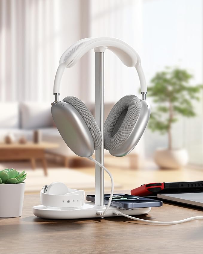 Universal Headphone Stand, Magnetic Wireless Charger for iPhones/AirPods/iWatch, Aluminum Alloy Rod, Leather Pad, ABS Solid Base, White