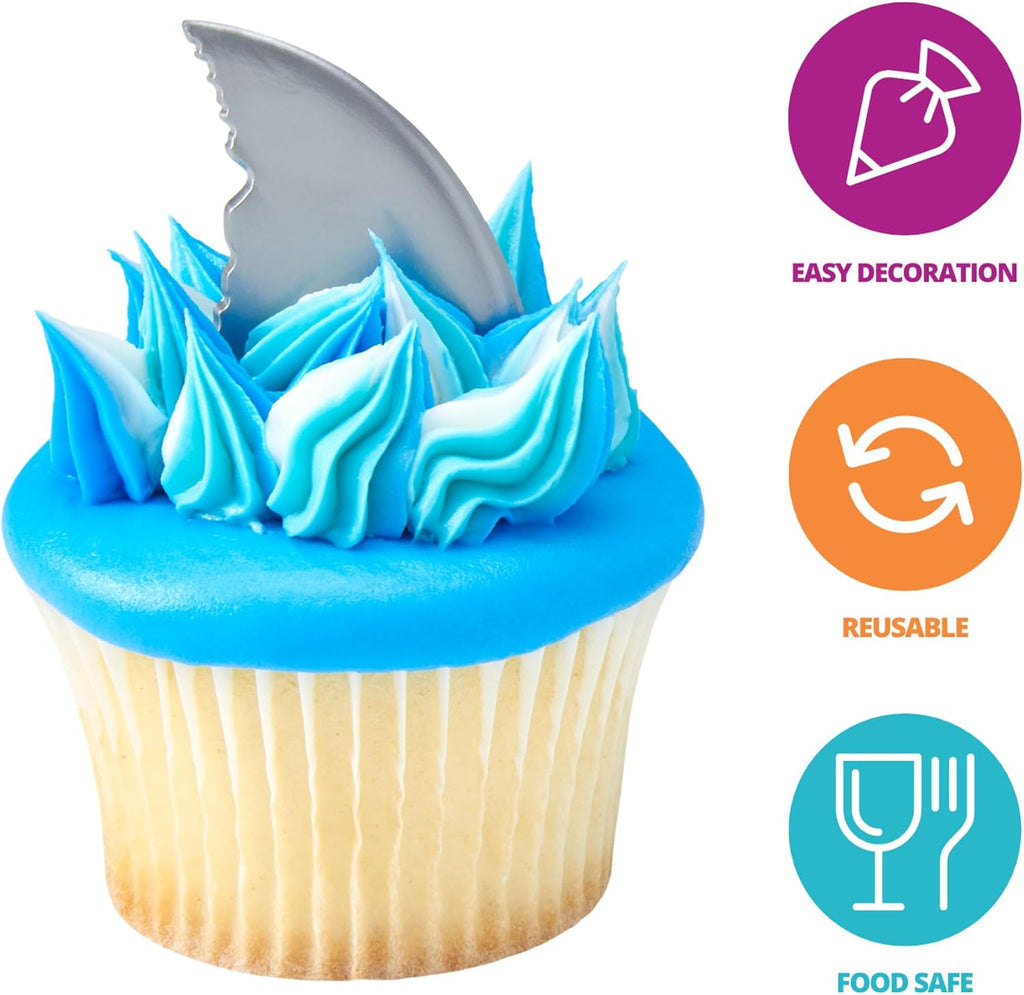 DecoPac Shark Fin Cake Picks, 24-Pack, Cupcake Toppers, Reusable Decorations for Cakes, Cupcakes and other Bakes, Beach Party, Pool Party