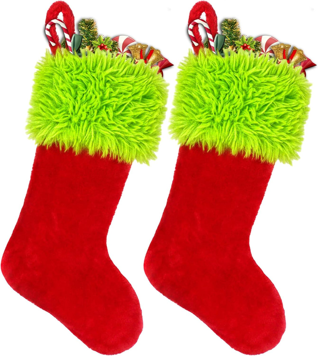 2PCS Christmas Stockings with Names Tag, 20 Inch Green Faux Fur Velvet Personalized Xmas Stockings, Hanging Ornament Large Gift Bags for Fireplace Window Door Tree Christmas Decorations(Red)