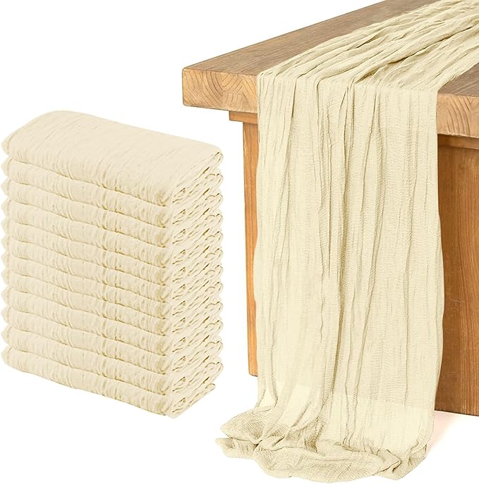 12 Pack Cheesecloth Table Runner, Runner Gauze Boho Wedding Decor Romantic Table Runner for Wedding Birthday Party(35" x 118") (Beige)