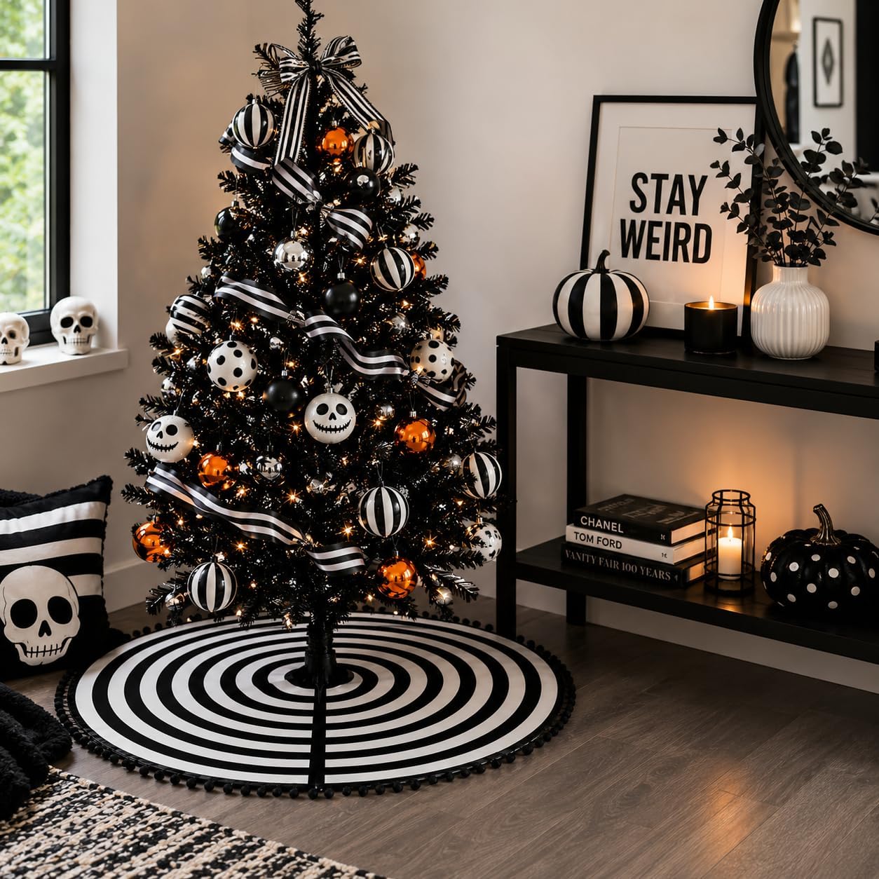 MACTING Christmas Black and White Tree Skirt, 30 Inch Annual Rings Tree Mat with Pom Poms for Xmas Tree Halloween Indoor Home Holiday Party Christmas Decorations
