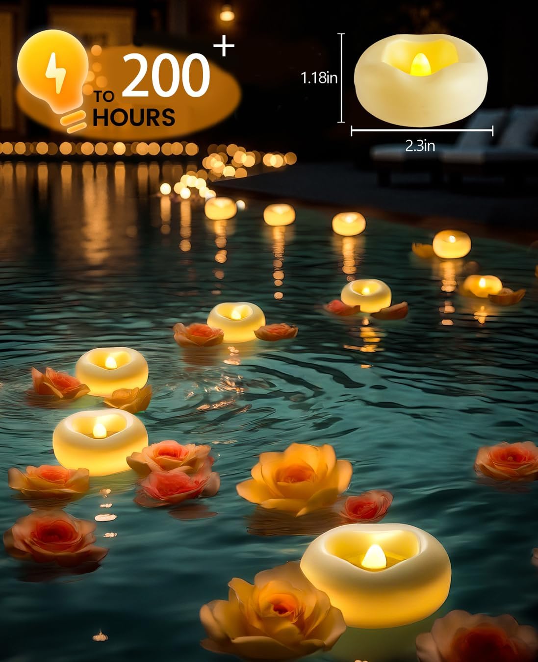 Floating Candles, Water Activated Flameless LED Tea Lights, Waterproof Battery Operated Candles for Wedding Centerpieces, Glass Cylinder Vases, Pool Decoration, Home Decor, 24 Pack, 200 Hours
