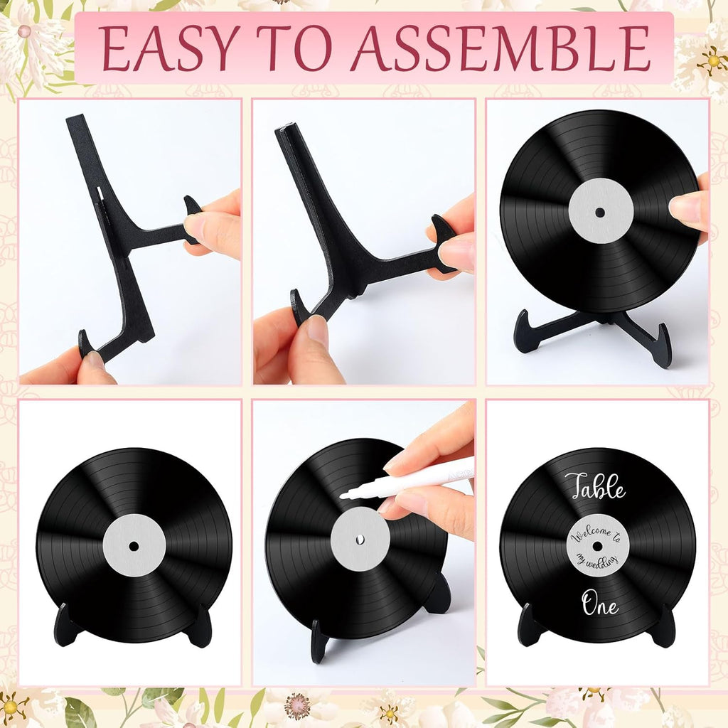 Novabright 20 Pcs Vinyl Record Wood Wedding Table Numbers with Easel Stand Retro Music Wedding Party Decorations for Reception DIY Doodle Fake Records Table Signs with 3 Markers for Souvenir Gifts