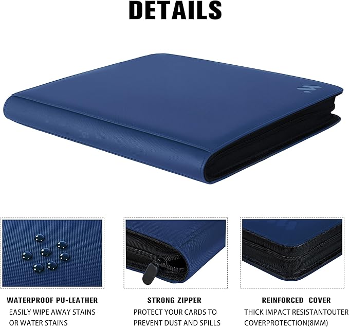 Premium 1000+ Pockets Card Binder,16 Pockets Trading Card Binder Ringless Side Loading Trading Card Album Folder for TCG -Blue