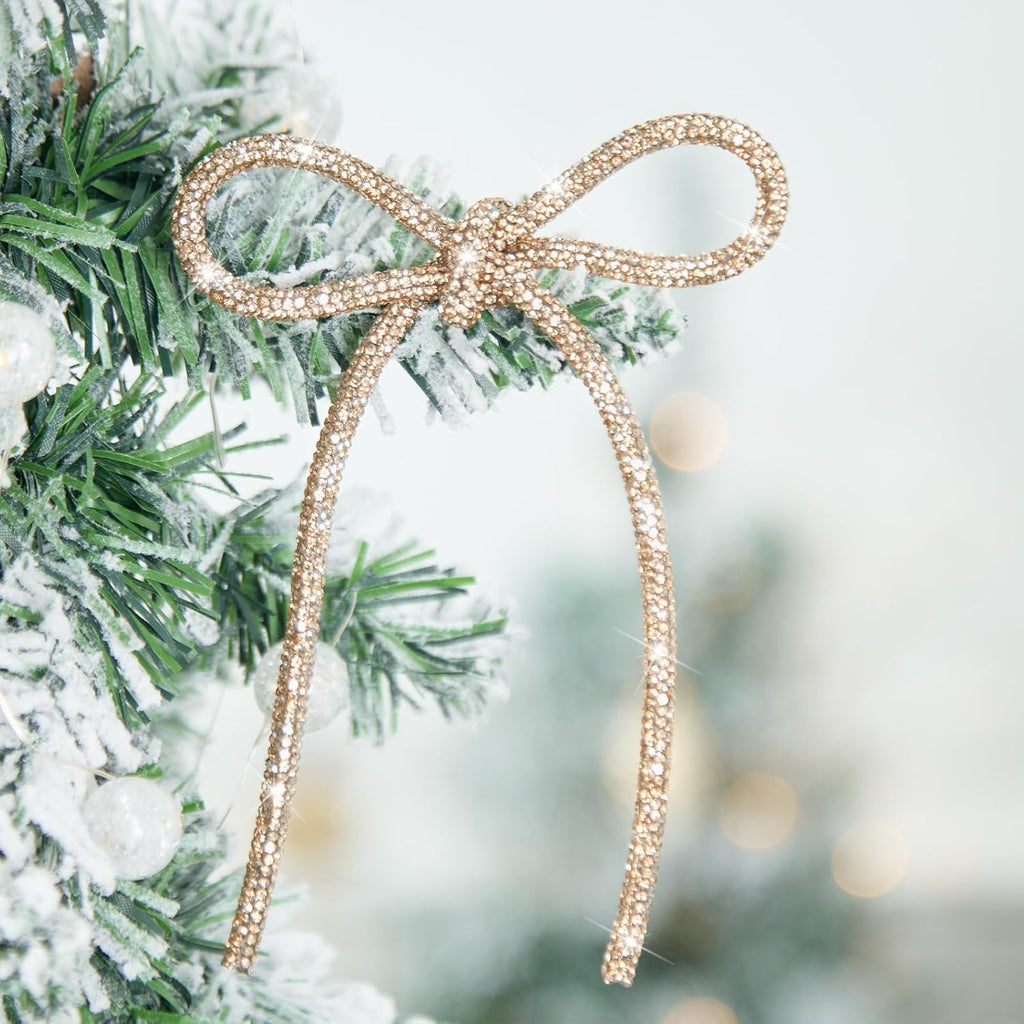 6 Pcs 2026 Christmas Bows Ornaments, Champagne Gold Sparkly Glitter Rhinestone Bow Ornaments with Twist Tie for Xmas Tree Decoration, Wreath, Garland, Gift Wrapping