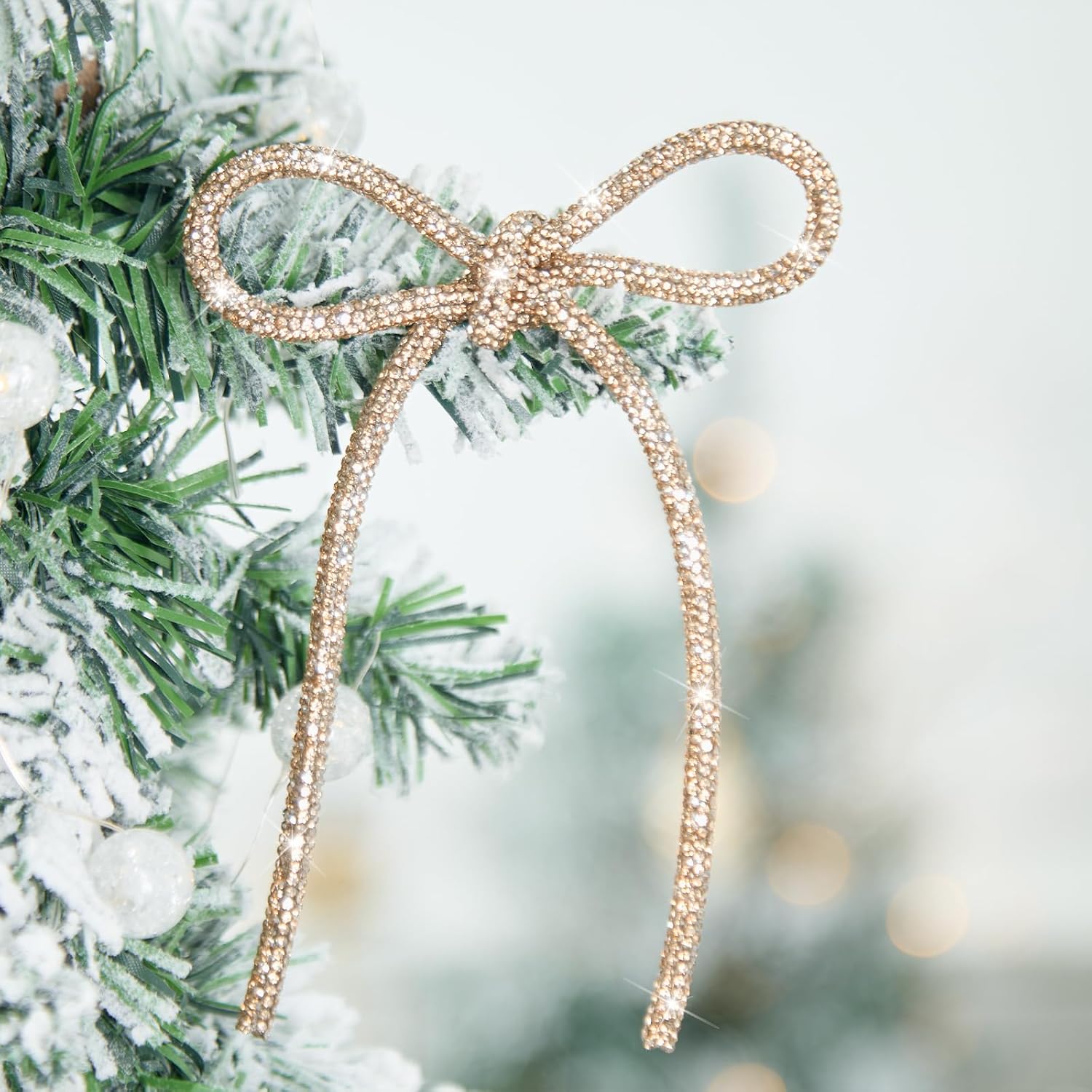 6 Pcs 2026 Christmas Bows Ornaments, Champagne Gold Sparkly Glitter Rhinestone Bow Ornaments with Twist Tie for Xmas Tree Decoration, Wreath, Garland, Gift Wrapping