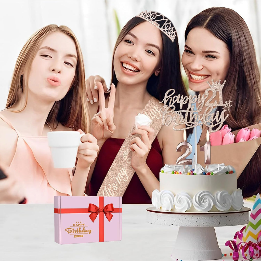21st Birthday Decorations for Her, Include 21st Birthday Sash and Tiara, Cake Topper and Candles, Number Balloons, 21 Year Old Gifts for Her