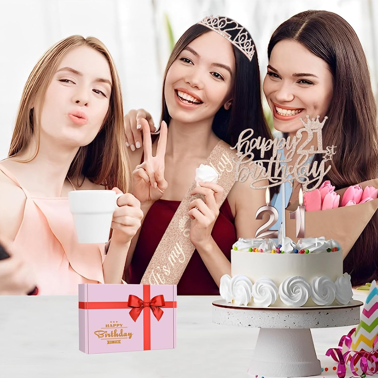 21st Birthday Decorations for Her, Include 21st Birthday Sash and Tiara, Cake Topper and Candles, Number Balloons, 21 Year Old Gifts for Her