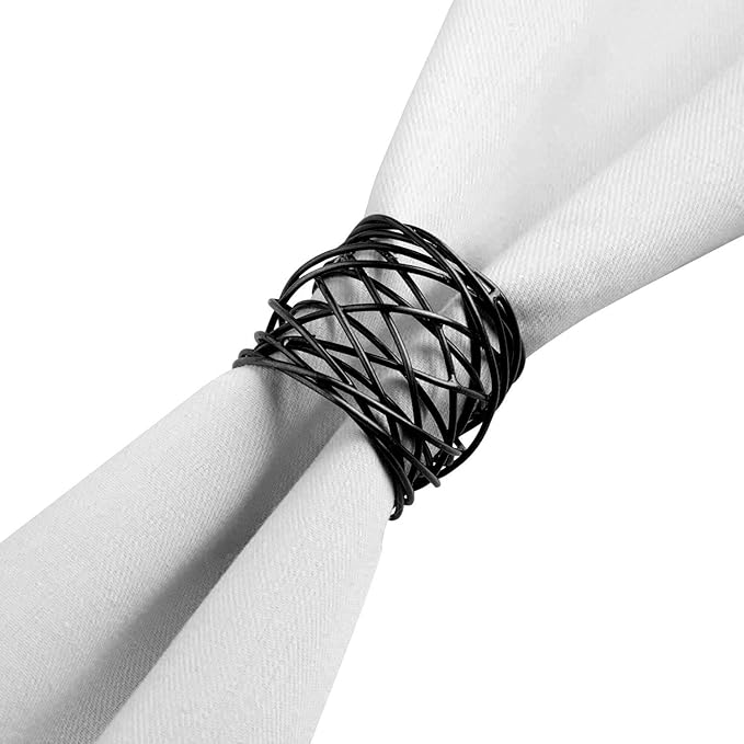 Handmade Round Mesh Black Napkin Rings Holder for Dinning Table Parties Everyday, Set of 12
