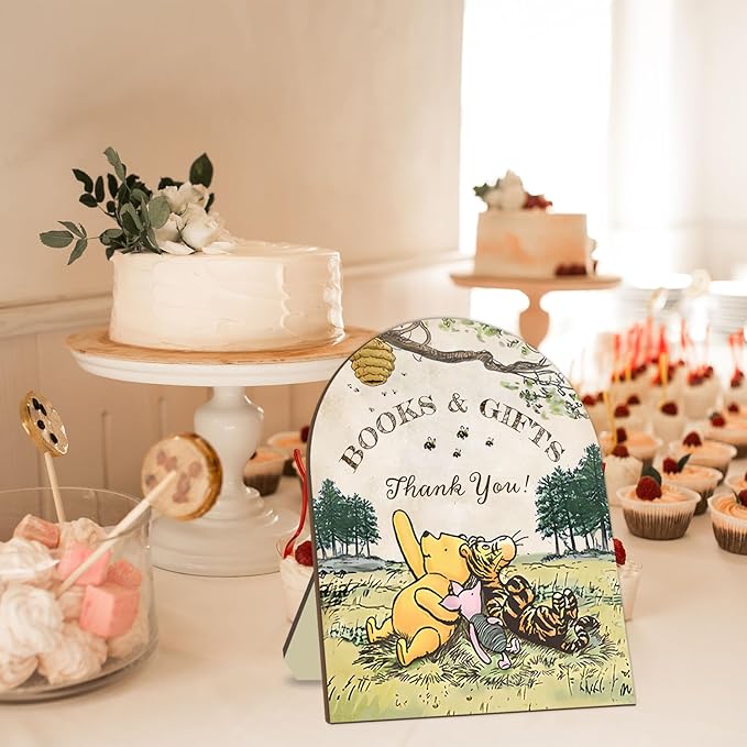 Winnie Books and Gifts Sign, Classic Winnie Thank You Wooden Sign, Bridal Shower Baby Shower Favors, Cute Aniamls Decor Thank You Sign with Stand for Baby Shower Party 8 * 10IN