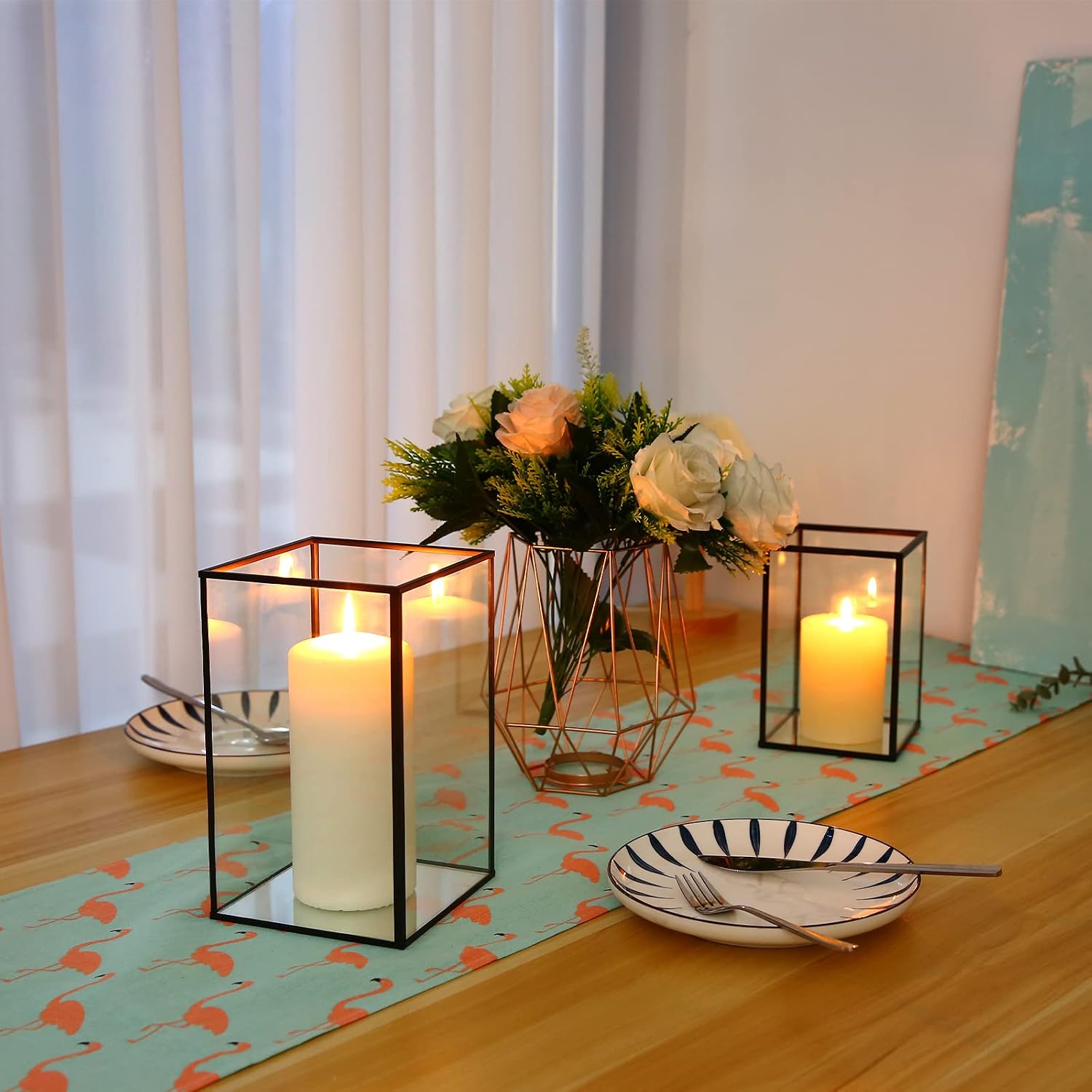 Phosphor Hurricane Camdle Holder Set of 2 Pieces, Black Glass Candle Holder for Wedding, Party, Holiday.