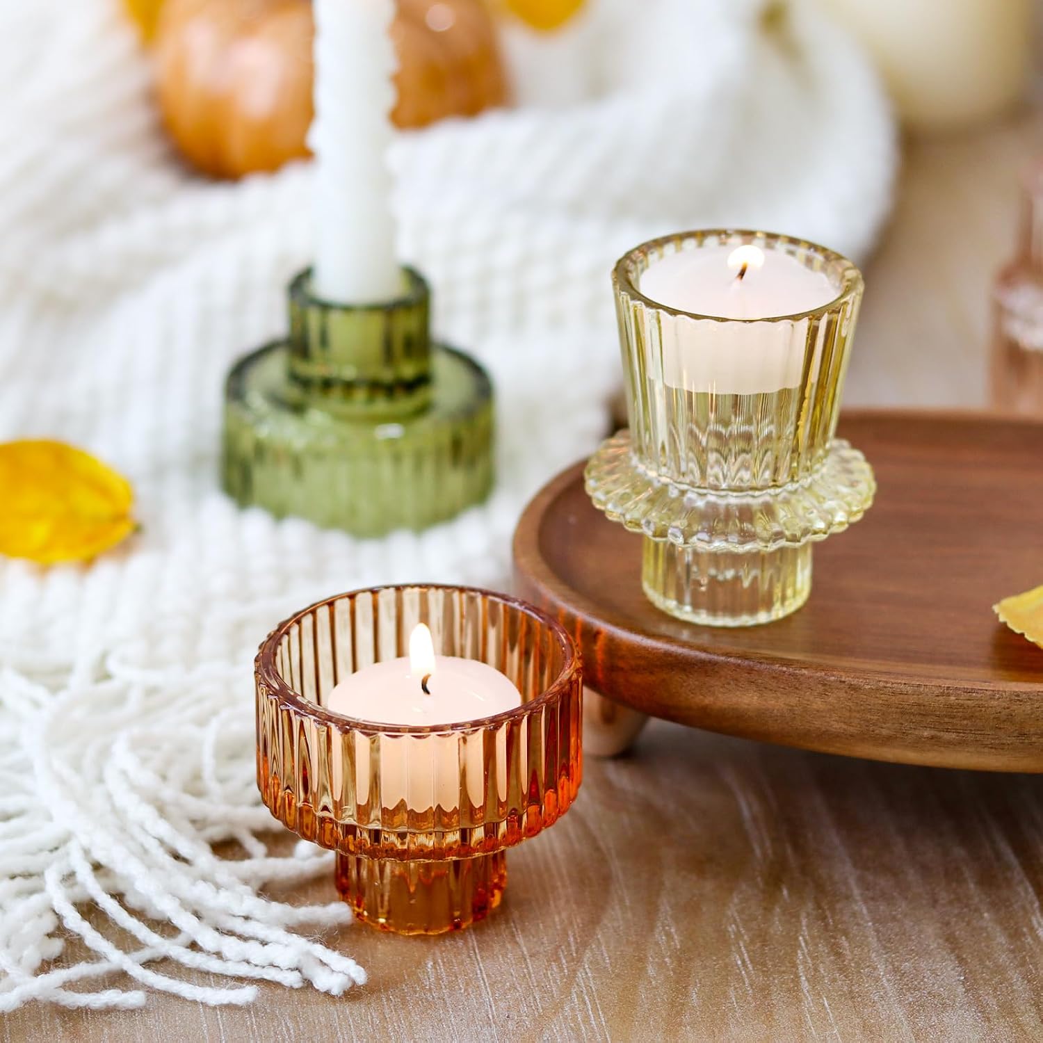 Brown Candlestick Holders 6PCS for Tealight Candle Stick Candles, Ribbed Glass Taper Candle Holders Set, Table Centerpieces for Thanksgiving Christmas Farmhouse Decor Indoor and Outdoor