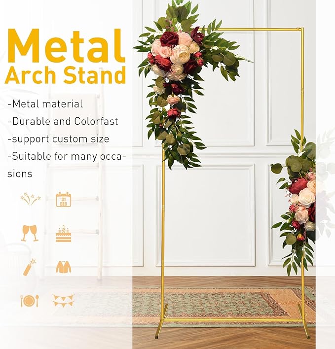 Wedding Arch Backdrop Stand 6.6x6.6 FT Gold Square Balloon Arch Frame for Wedding, Birthday Party, Baby Shower Ceremony Decoration