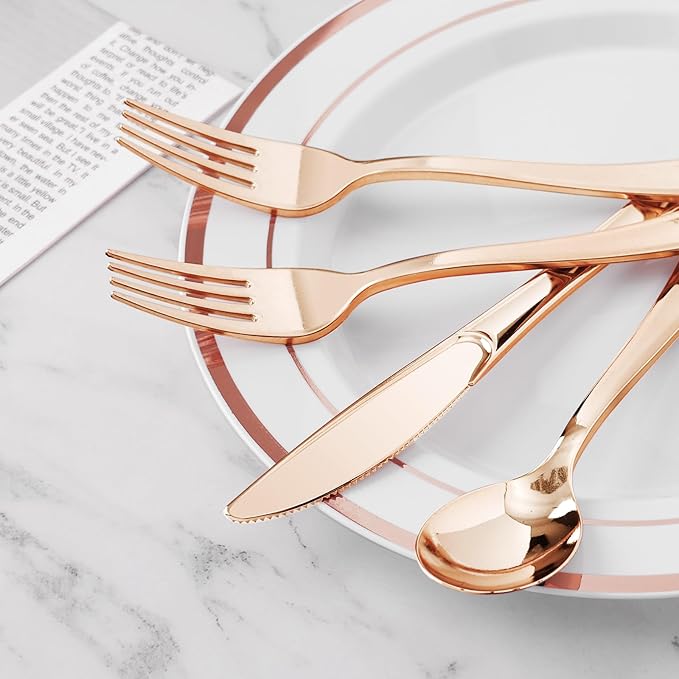 BESTVIP 100 Pack Pre Rolled Rose Gold Plastic Silverware Set, Disposable Wrapped Cutlery Set with 100 Napkins, 100 Knives, 100 Forks and 100 Spoons for Party, Birthday