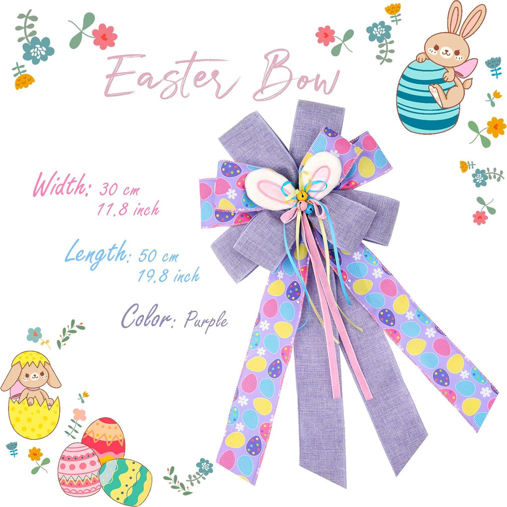 Easter Wreath Bows, Large Easter Rabbits Burlap Bows Holiday Bow Rabbits Bunny Bows for Wall Indoor Outdoor Decor (Purple)